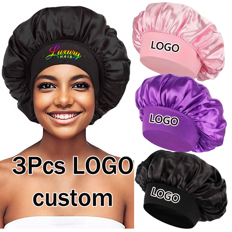 Satin Hair Bonnet - Silk Satin Bonnets Logo Print 3Pcs